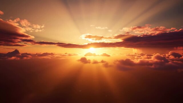 Golden hour clouds are illuminated by piercing sun rays, creating a breathtaking and divine celestial spectacle radiant, magic, orange