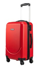 A vibrant red upright rolling suitcase, isolated on white background