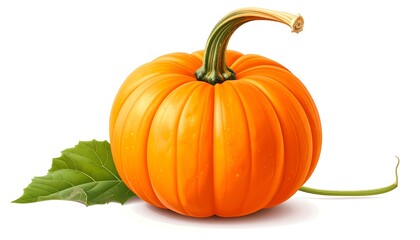 A vibrant, round orange gourd with a green stem and leaf on white