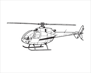 Helicopter illustration in black and white line drawing style design
