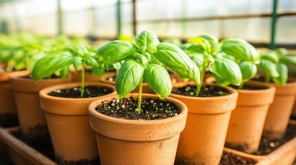 Basil plants flourishing in terracotta pots outdoors