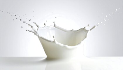 A white liquid splashes upwards forming a crown against a plain background