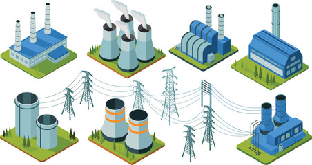 isometric digital illustration of industrial power plants and electricity transmission network with cooling towers, chimneys, and energy production systems