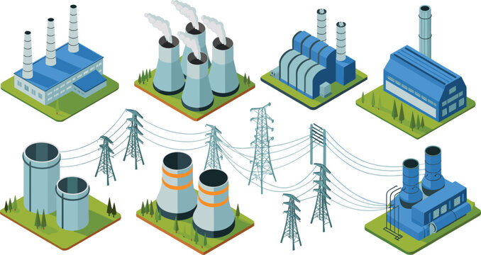isometric digital illustration of industrial power plants and electricity transmission network with cooling towers, chimneys, and energy production systems