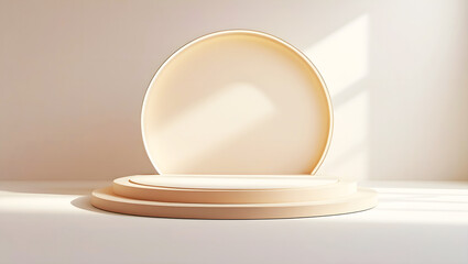 Luxury Minimal Beige 3D Podium with Soft Glow and Round Backdrop, Modern Elegant Stage for Cosmetic Product Display, Branding, Interior Design, and Premium Presentation Background Scene