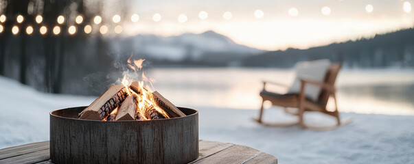 Cozy winter firepit gathering with christmas lights by snowy lake serene evening outdoor vibes