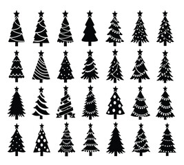 Vector art of a collection of christmas tree silhouettes, showcasing various shapes and decorations, arranged in a grid pattern against a, creating a festive and elegant design