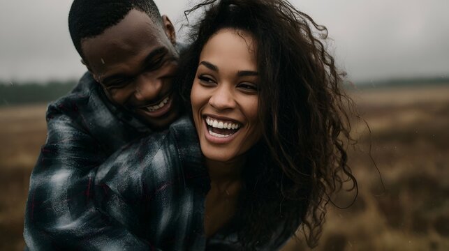 A joyful couple in a close embrace share uninhibited laughter and genuine happiness outdoors in a damp misty field under a cloudy sky - Powered by Adobe