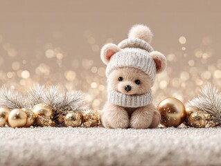Fototapeta premium A plush toy dog ​​wearing a hat and scarf on a light beige background with fir branches and Christmas tree balls. Christmas card, New Year's banner