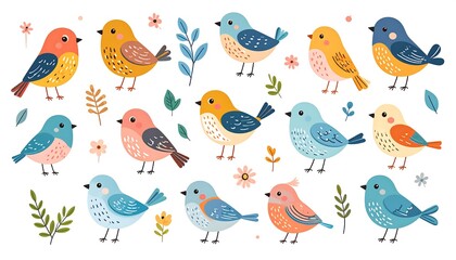 Adorable illustrations of several colorful birds with floral elements