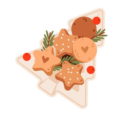 Gingerbread cookies and sweets in a cozy christmas tree shaped plate. Cute flat illustration great for winter treats, festive designs, or holiday recipe.