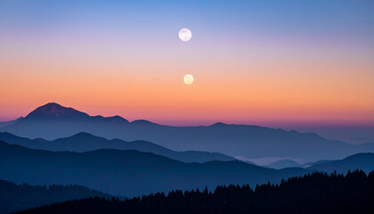 Fototapeta premium Pixelated Mountain Silhouette at Vibrant Sunset with Gradients of Blue Orange and Pink in Distorted Landscape with Geometric Sky Anomalies