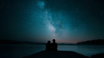 A couple silhouetted on a dock gazes at the vast star filled night sky and the Milky Way