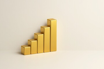 Minimal gold bar chart blocks on beige surface ideal for growth analytics business presentations and investment success visuals