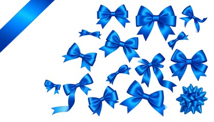 Array of radiant, azure bows and ribbon elements, isolated on white