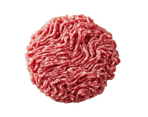 Close-up of a round ball of ground meat.  The meat is a pinkish-red color and has a slightly textured, fibrous appearance