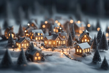 Winter wonderland village christmas lights display snowy landscape evening view gigapixel quality