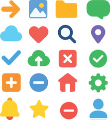 Modern flat colorful vector icons pack including heart, search, map, home, and gear symbols. Ideal for websites, UI kits, and presentations. Simple, clean, and professional.
