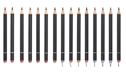 Array of sharpened pencils, each with a black body and various colored ends