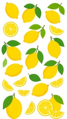 Array of vibrant yellow citrus fruit illustrations with green leaves