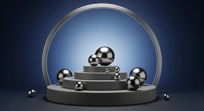 Abstract metallic eggs displayed on a tiered platform under a glass dome