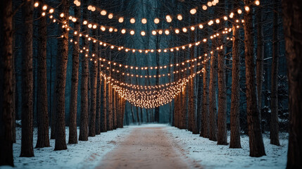 Enchanting winter forest path adorned with twinkling christmas lights serene nighttime scene magical atmosphere