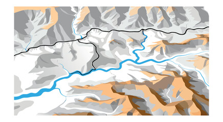 Stylized topographic map of mountain range with river and border