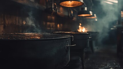 Close view of a grill with fire and smoke outdoors at night