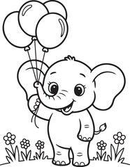 Fototapeta premium Cute Elephant Holding Balloons With Flowers Cartoon Style