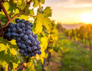 Fototapeta premium Close-up of ripe grapes on a vine, bathed in warm sunset light. Rows of vines stretch into the distance with a blurred background