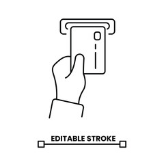 hand inserting credit card linear icon editable stroke line icon vector illustration
