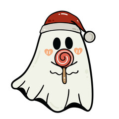 Spooky Christmas ghost wearing Santa hat holding lollipop illustration
