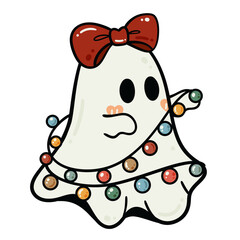 Cute ghost with red bow and Christmas lights spooky holiday illustration

