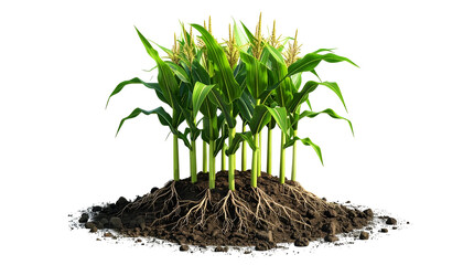 Lush green corn plants with exposed roots sprouting from a pile of dark soil against black