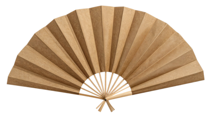 A beige, paper hand fan, fully open against a black backdrop, showing structural detail