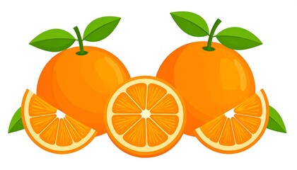 Bright cartoon illustration of fresh oranges, leaves, and slices