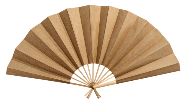 A beige, paper hand fan, fully open against a black backdrop, showing structural detail