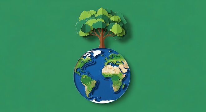 Environmental Earth with Tree Growing From Globally Recognized Landmasses in Green Background - Powered by Adobe