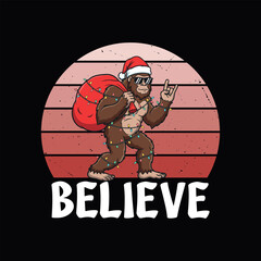 Believe in santa sasquatch with christmas lights and hat - Christmas t-shirt design