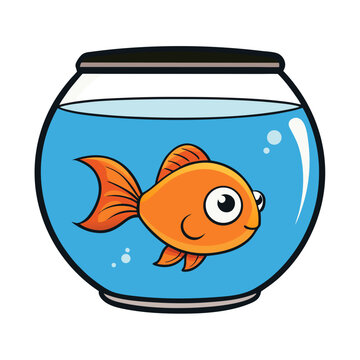 Cute cartoon orange goldfish swimming in a round fishbowl with blue water silhouette isolated on white background