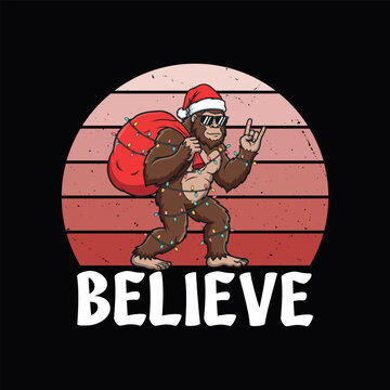 Believe in santa sasquatch with christmas lights and hat - Christmas t-shirt design
