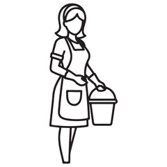 Minimalist Line Art Vector of Female Housekeeper Holding Cleaning Bucket