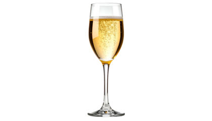 Tall elegant glass filled with effervescent golden liquid, bubbles rising against a black backdrop