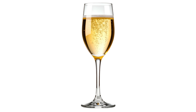Tall elegant glass filled with effervescent golden liquid, bubbles rising against a black backdrop