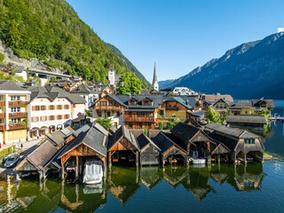 Aerial View of Boat Sheds on the Lake in Hallstatt Austria