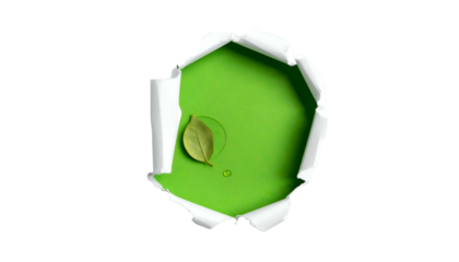 Ripped paper reveals a vibrant green background with a leaf and water droplet