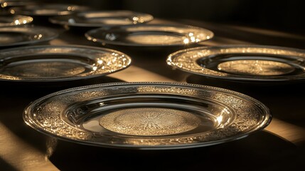 An arrangement of ornate silverware plates on a dark surface