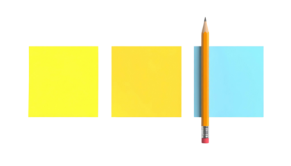 Three sticky notes, two yellow and one blue, with a pencil positioned vertically