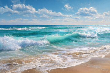 Turquoise Ocean Waves Rolling on Sandy Tropical Beach under Blue Sky