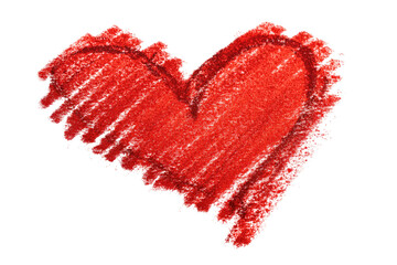 Childlike, hand-drawn heart.  Red crayon heart, roughly outlined, textured, with smudged edges, against a black background